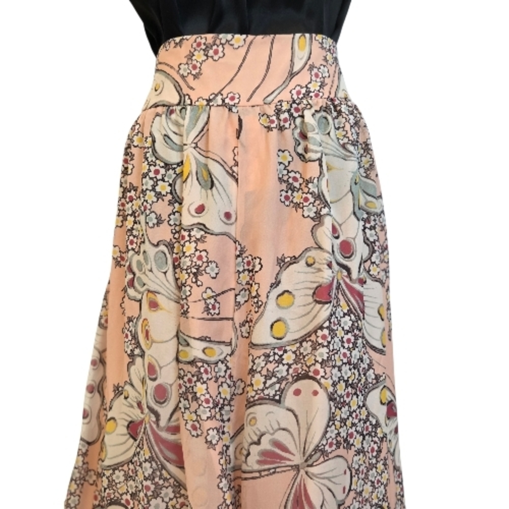 Paul & Joe Pink Butterfly A-Line Pink Peach Maxi Silk Skirt With Yellow Florals - Picture 5 of 12